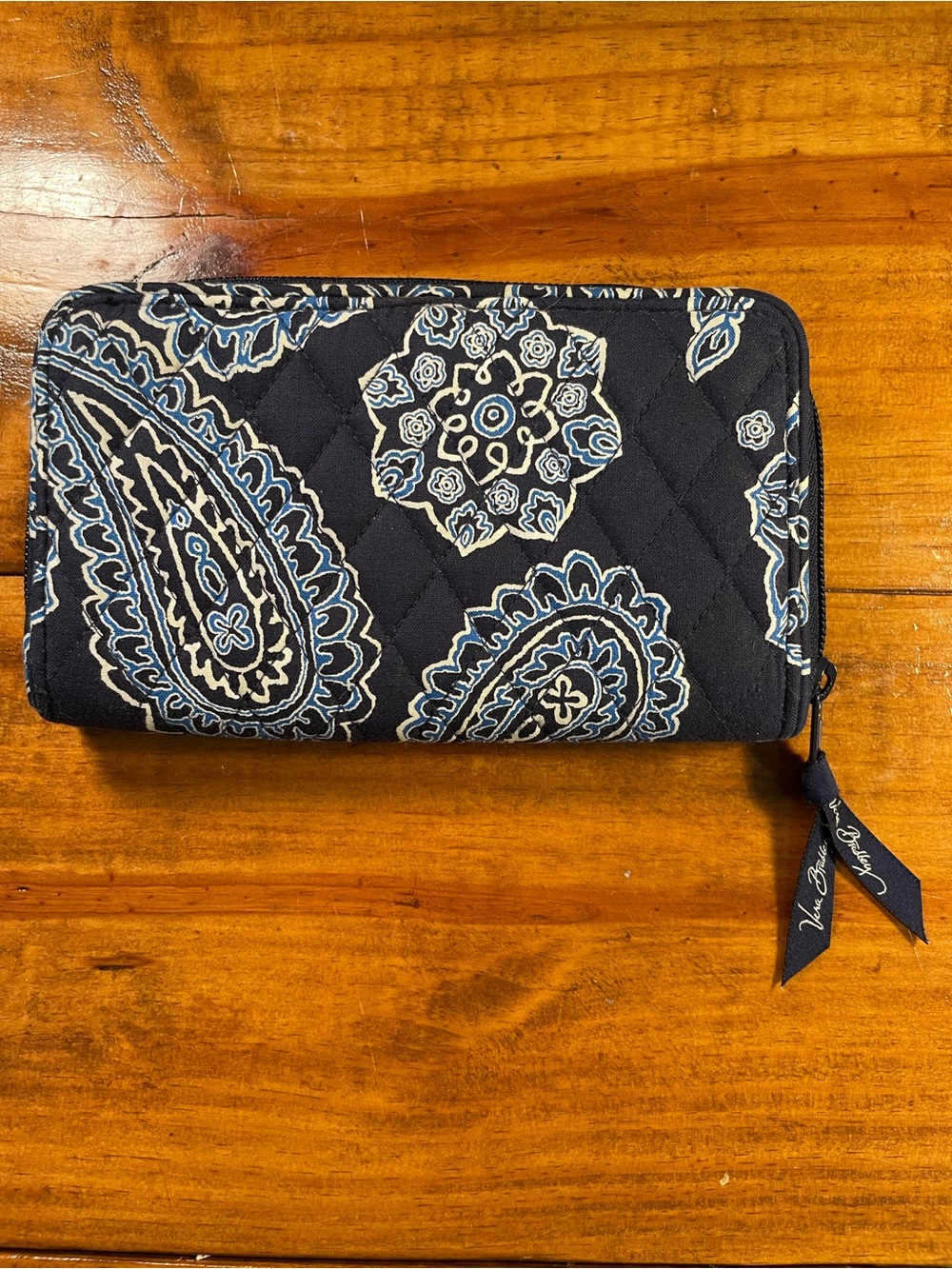 Vera Bradley Navy Quilted Zip Wallet with Blue and Cream Paisley